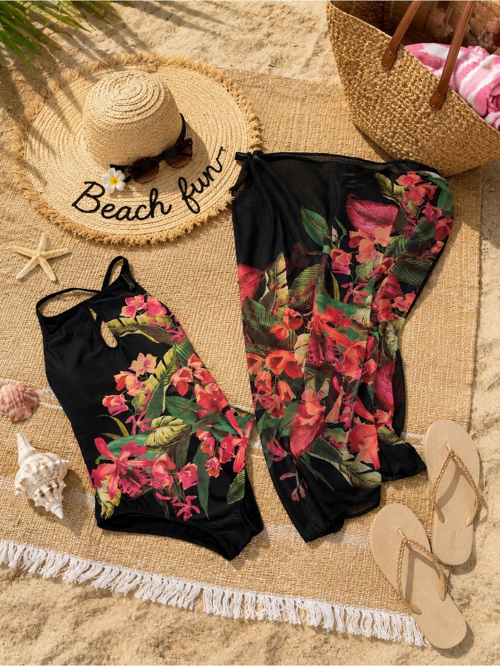 Girls Black Floral One-Piece Swimsuit with Matching Cover-Up